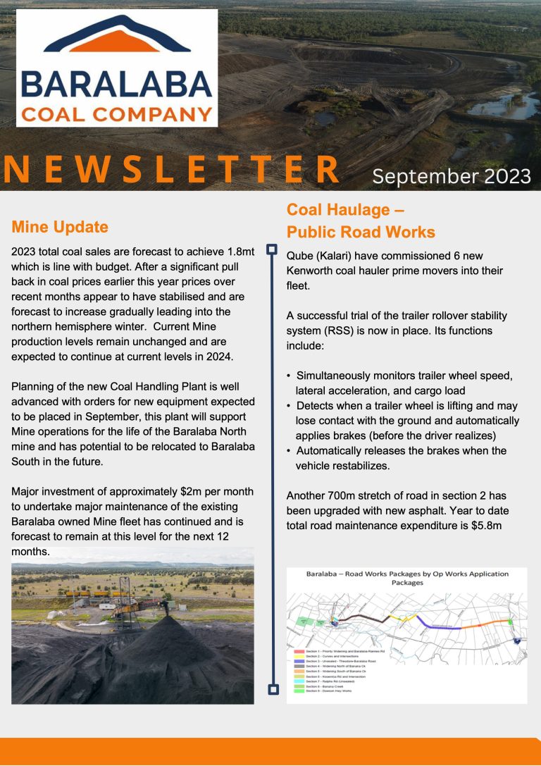 Baralaba Coal Newsletter Sept 23 Front page